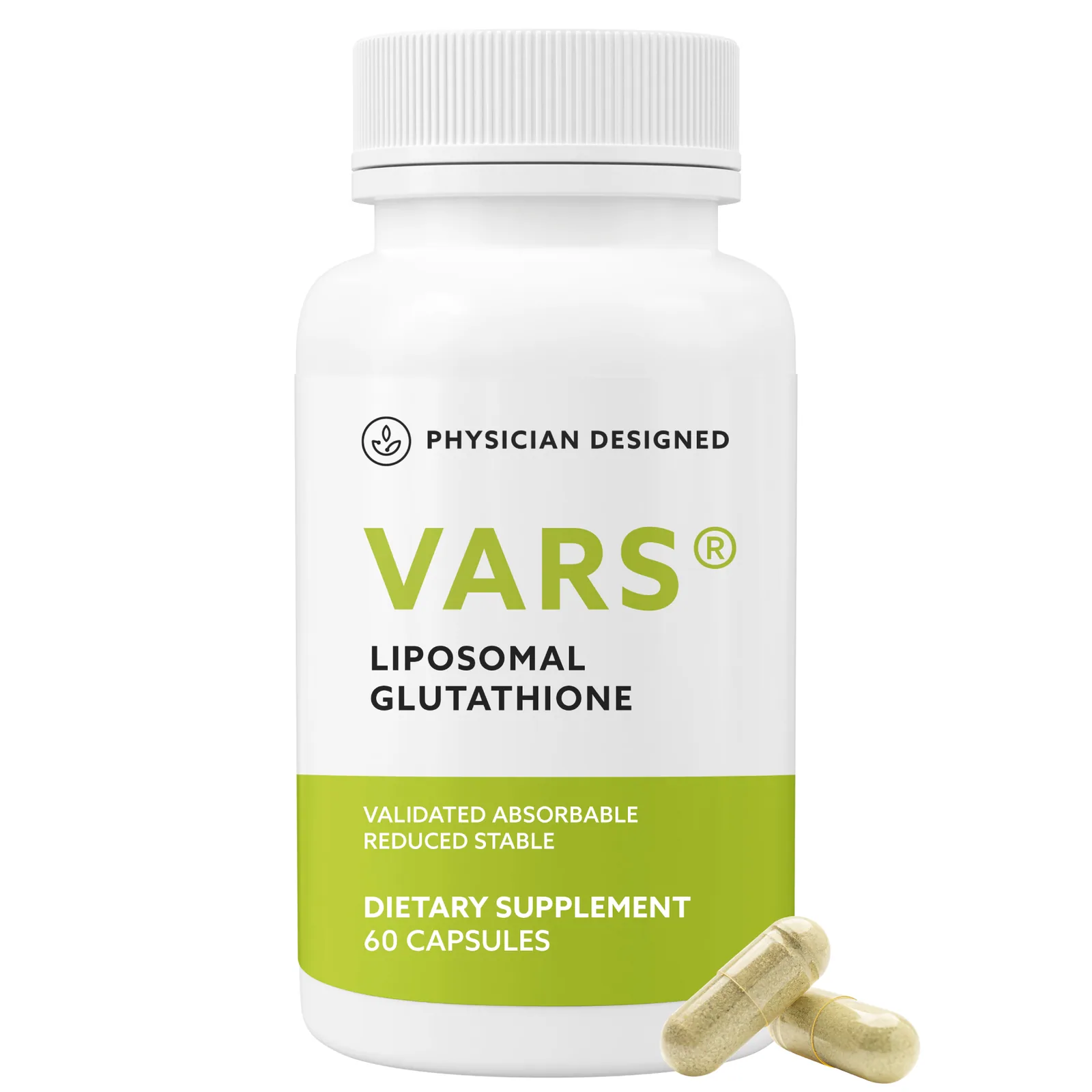 Physician Designed VARS Liposomal Glutathione capsule bottle.